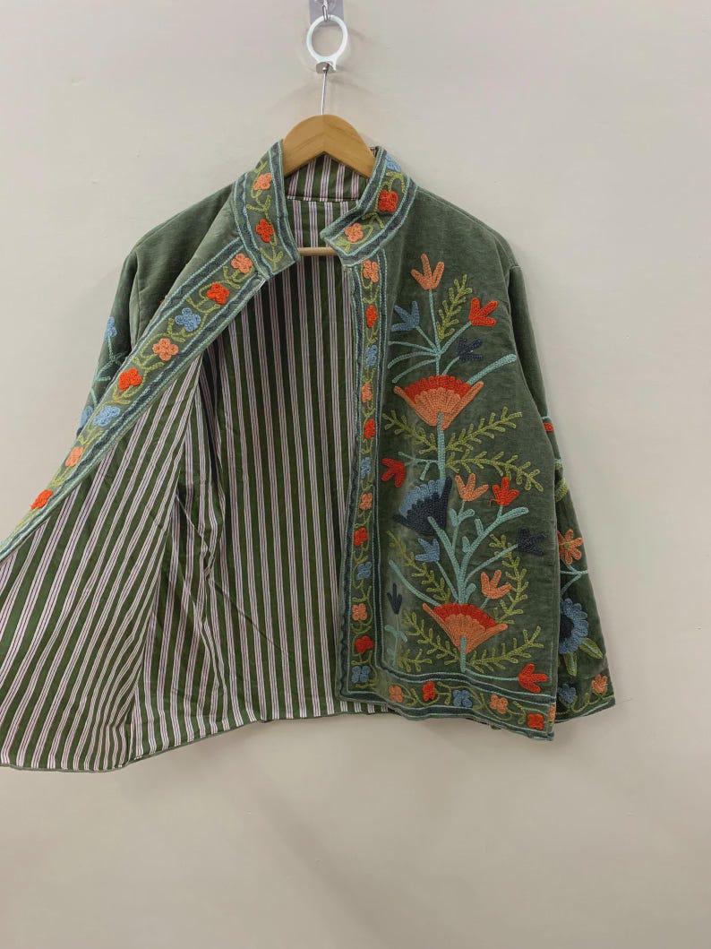 NEW COLLECTION Green Hand-Embroidered Velvet Suzani Jacket – Boho Ethnic Kimono Outerwear Gifr For Mom Bohozani