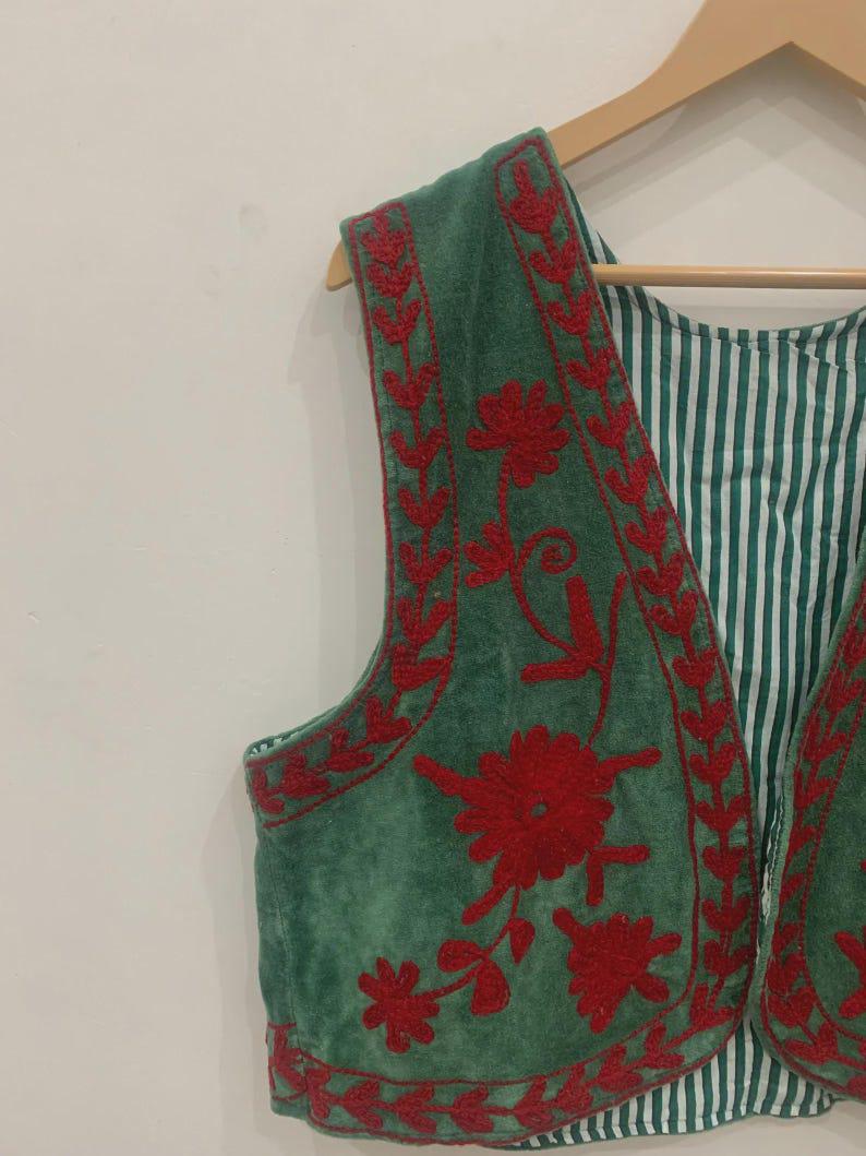 Green Suzani Velvet Vest | Hand-Embroidered Floral Sleeveless Jacket | Vintage-Inspired Festival & Statement Layer | Ethnic Waistcoat Bohozani