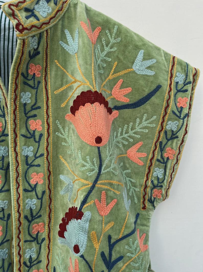 Green Velvet Suzani Embroidered Vest with Belt – Boho Festival Waistcoat Bohozani
