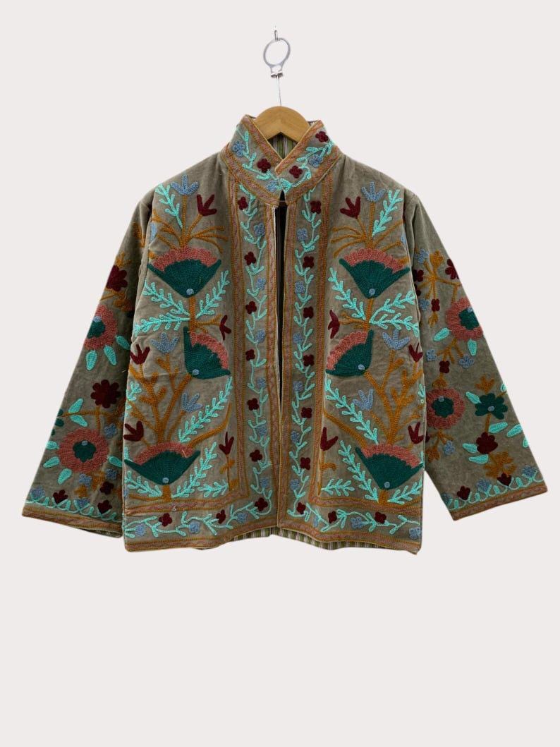 Velvet Suzani Embroidered Kimono Jacket | Boho Outerwear Bohozani