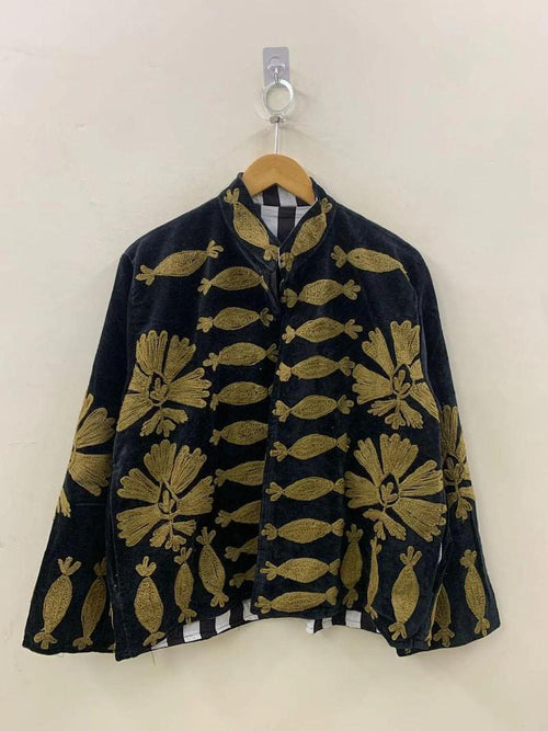 Black Velvet Suzani Embroidered Coat | Boho Uzbek Kimono Bohozani