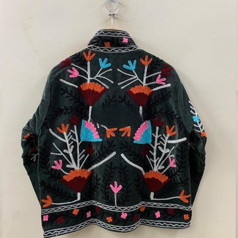 Suzani Embroidered Velvet Cropped Jacket | Bohemian Festival Coat Bohozani