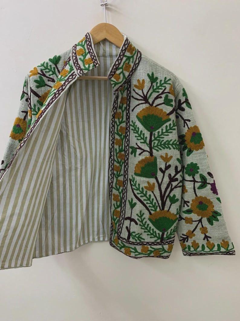 Handmade Suzani Embroidered Jacket | Floral Boho Duster Coat | Gift For Her Bohozani