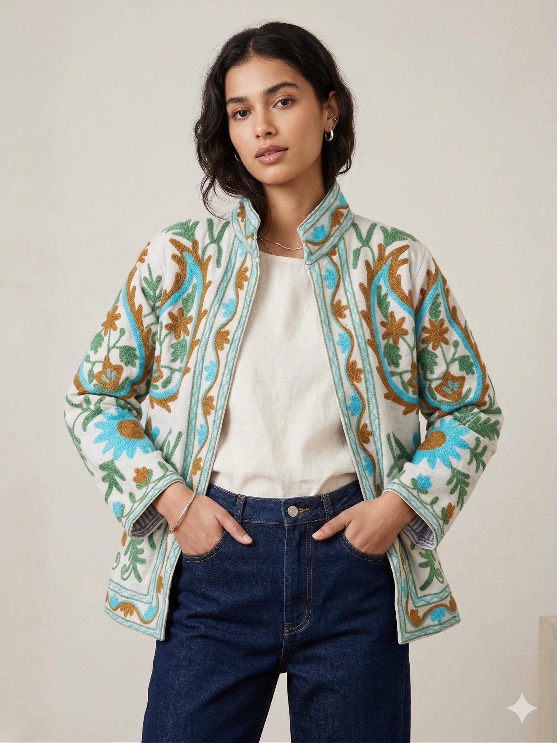 Handmade Velvet Suzani Embroidered Jacket Bohozani