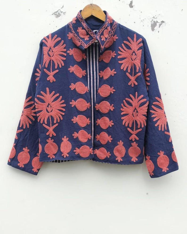 Handmade Blue Velvet Suzani Embroidered Jacket | Uzbek Kimono Bohozani