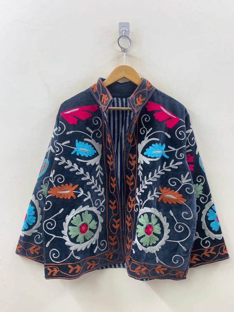 Grey Handmade Suzani Velvet Jacket, Embroidered Floral Coat Bohozani
