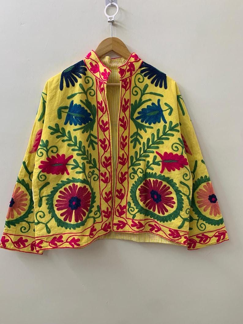 Yelow Suzani Embroidered Velvet Jacket – Boho Floral Kimono Coat Bohozani