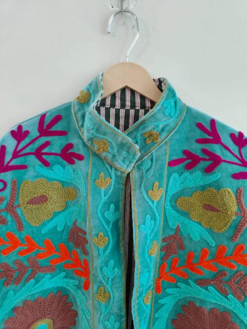 Velvet Suzani Embroidered Jacket | Bohemian Floral Uzbek Outerwear, Cropped Fit Bohozani
