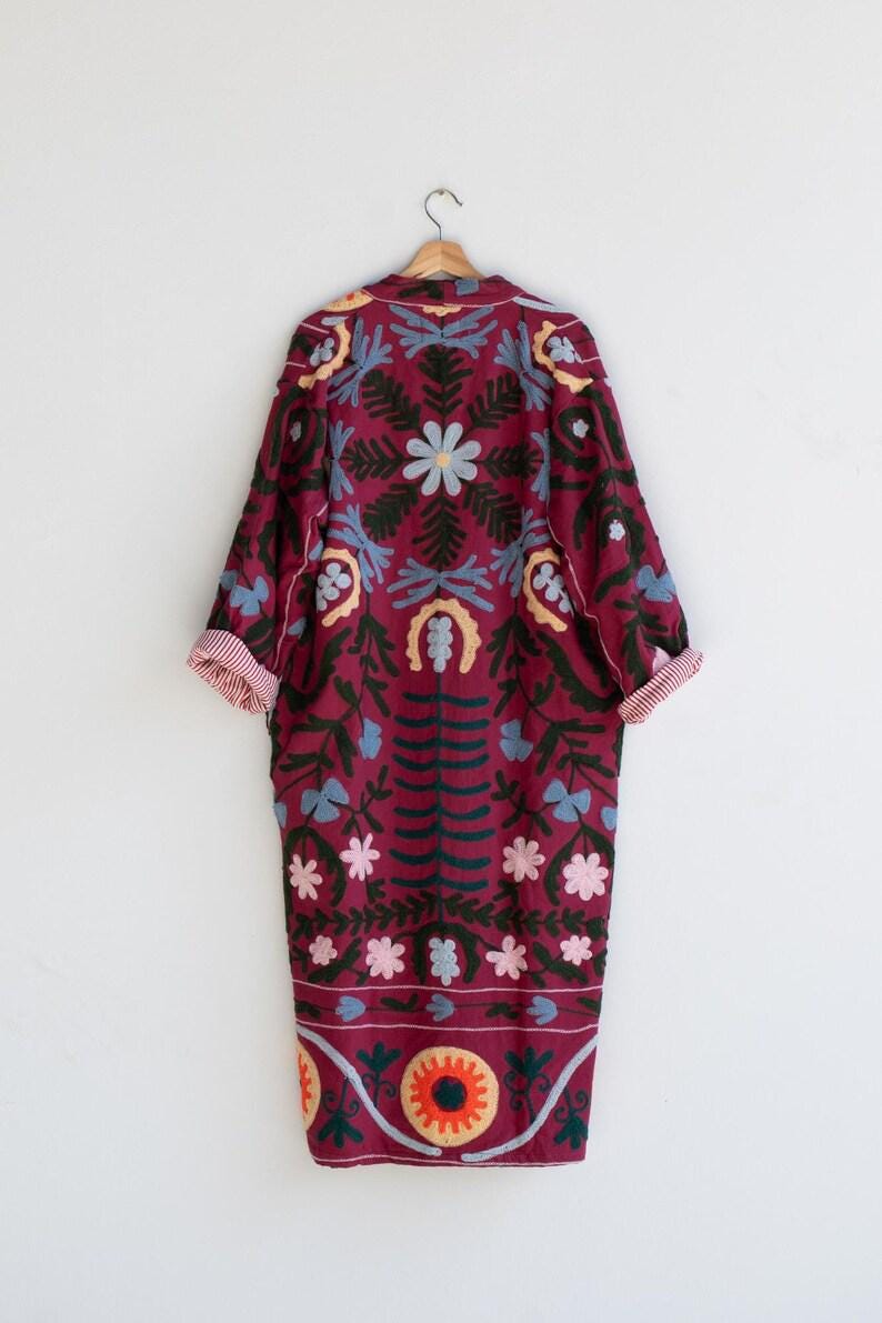 Hand Embroidered Suzani Kaftan – Organic Cotton Boho Kimono Coat Bohozani