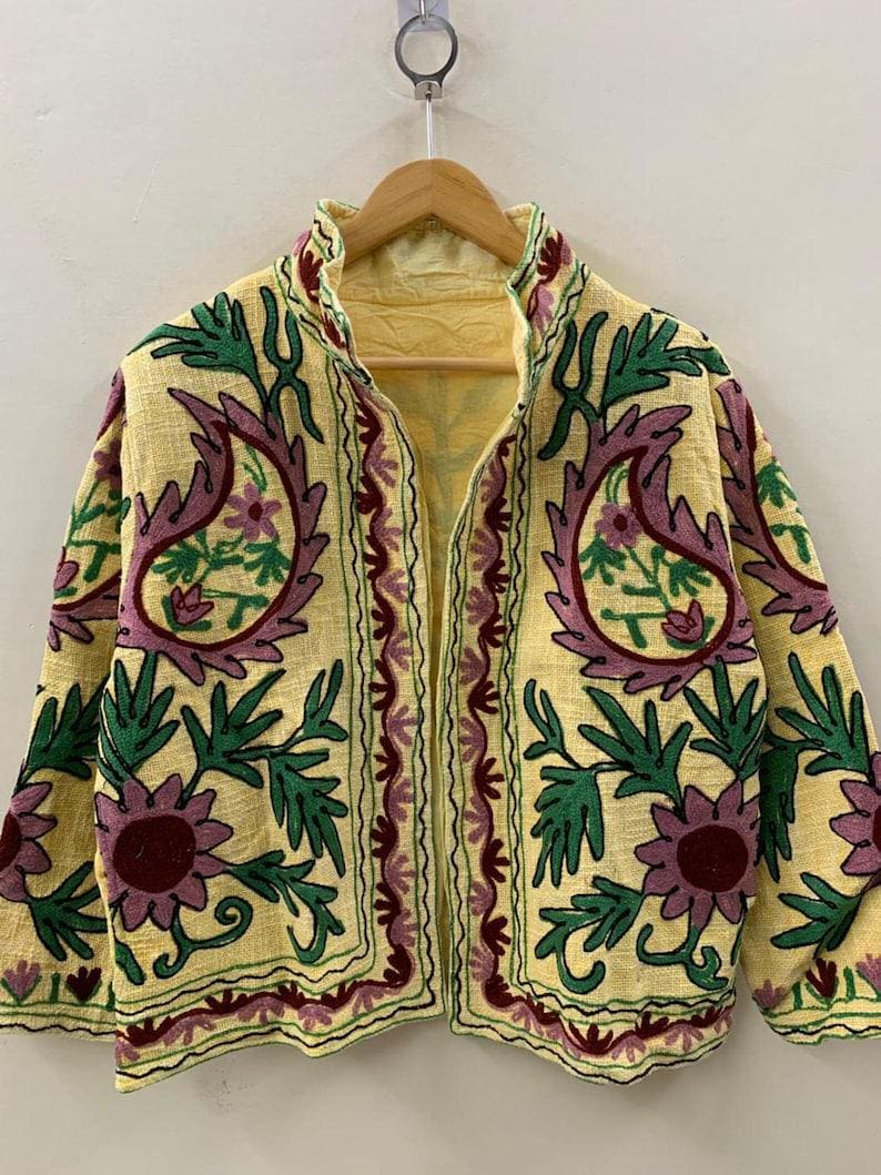 Embroidered Suzani Cotton Velvet Jacket, Bohemian Floral Folk Art Coat Bohozani