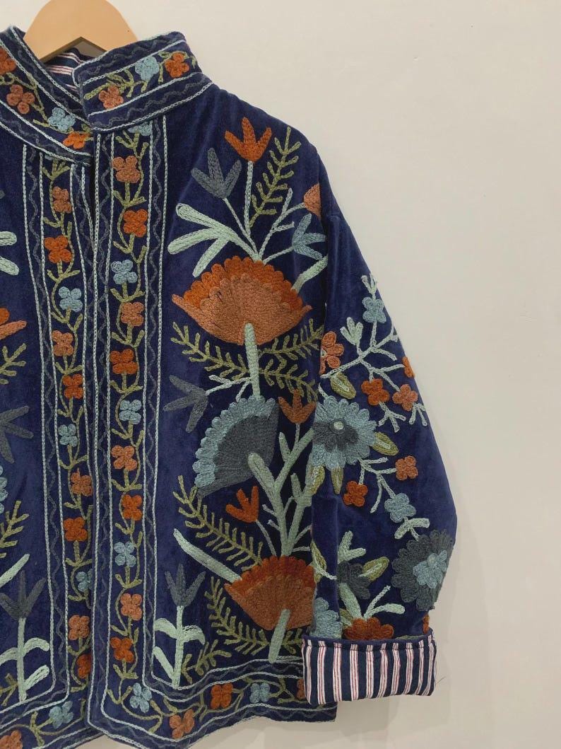 Antique Blue Color Velvet Suzani Jacket – Hand-Embroidered Boho Ethnic Kimono Outerwear Bohozani