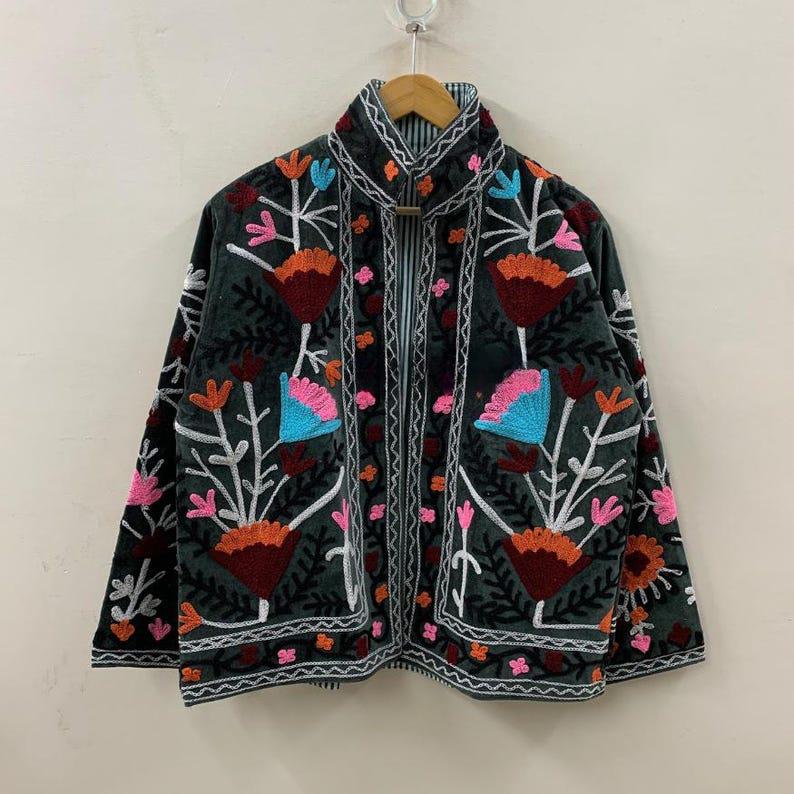 Embroidered Velvet Kimono Jacket | Suzani Floral Boho Outerwear Bohozani