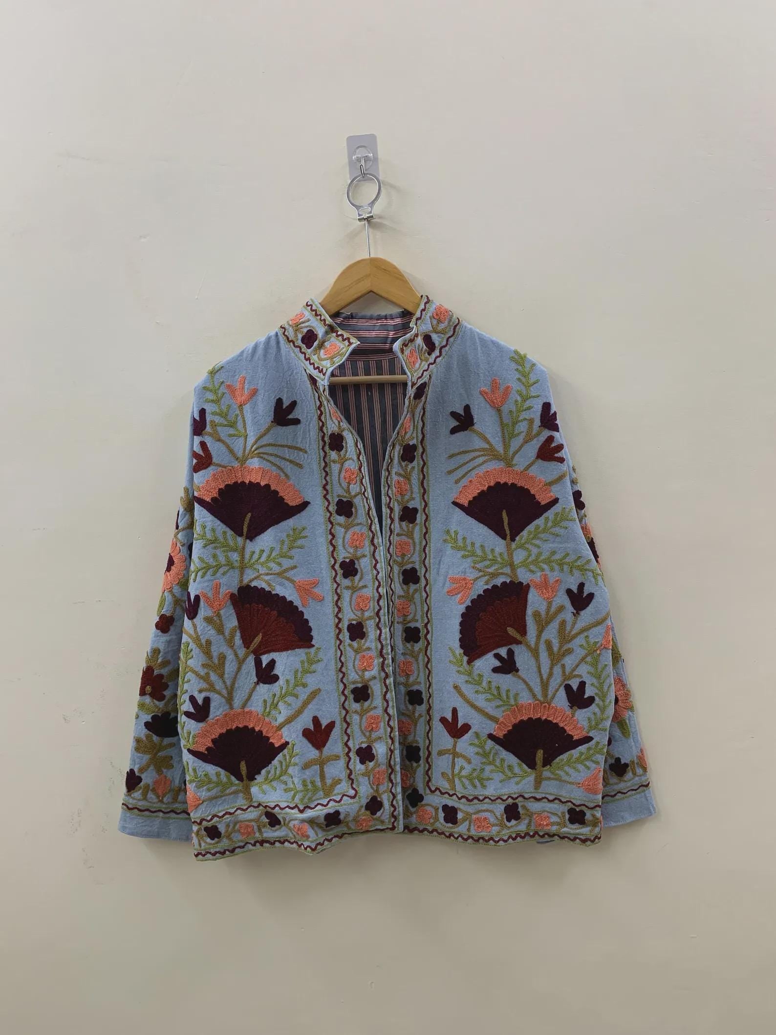 Handmade Velvet Suzani Jacket: Embroidered Bohemian Winter Coat. Turquoise Color For Woman And Girls Bohozani