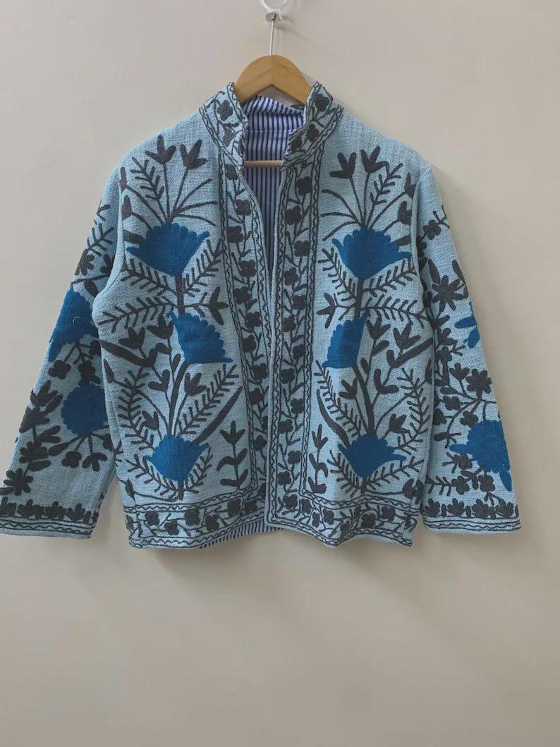 Handmade Suzani Embroidered Cotton Jacket | Boho Chic Coat | Gift For Her Bohozani