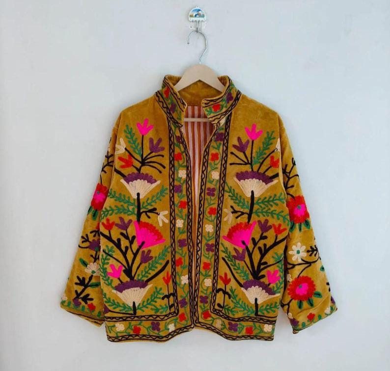 Yellow Velvet Suzani Embroidered Jacket, Boho Floral Ethnic Outerwear Bohozani