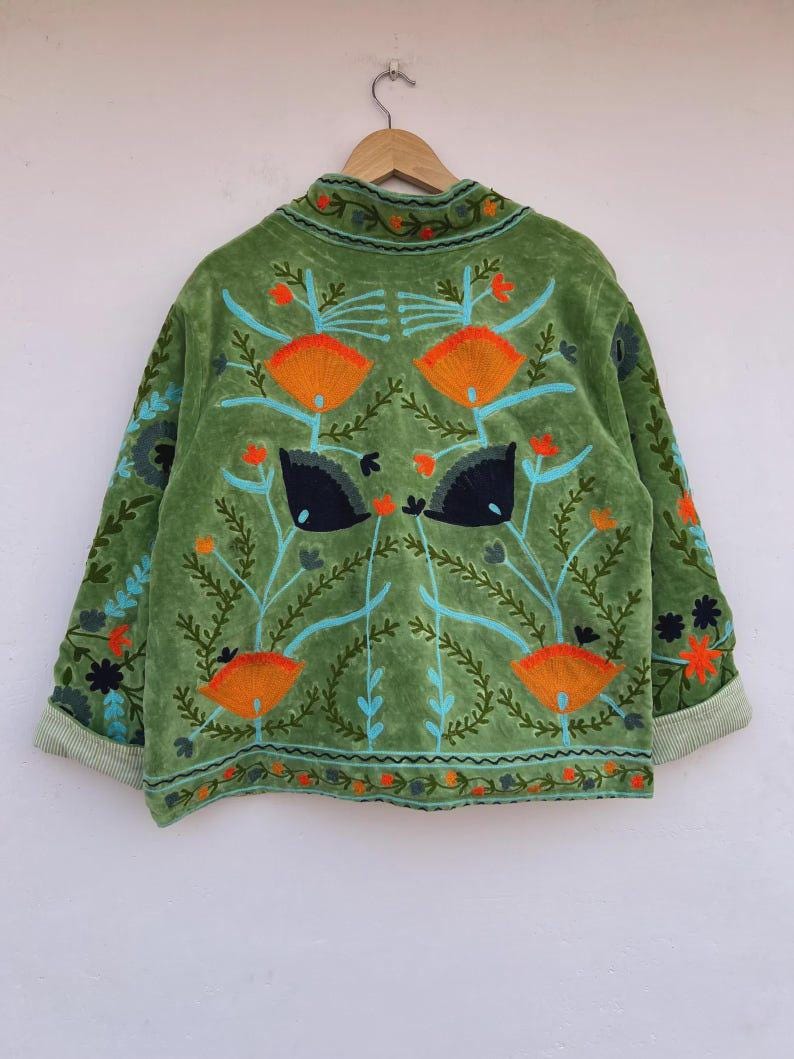 Green Handmade Velvet Suzani Kimono Jacket | Embroidered Uzbek Coat | Gift For Her Bohozani