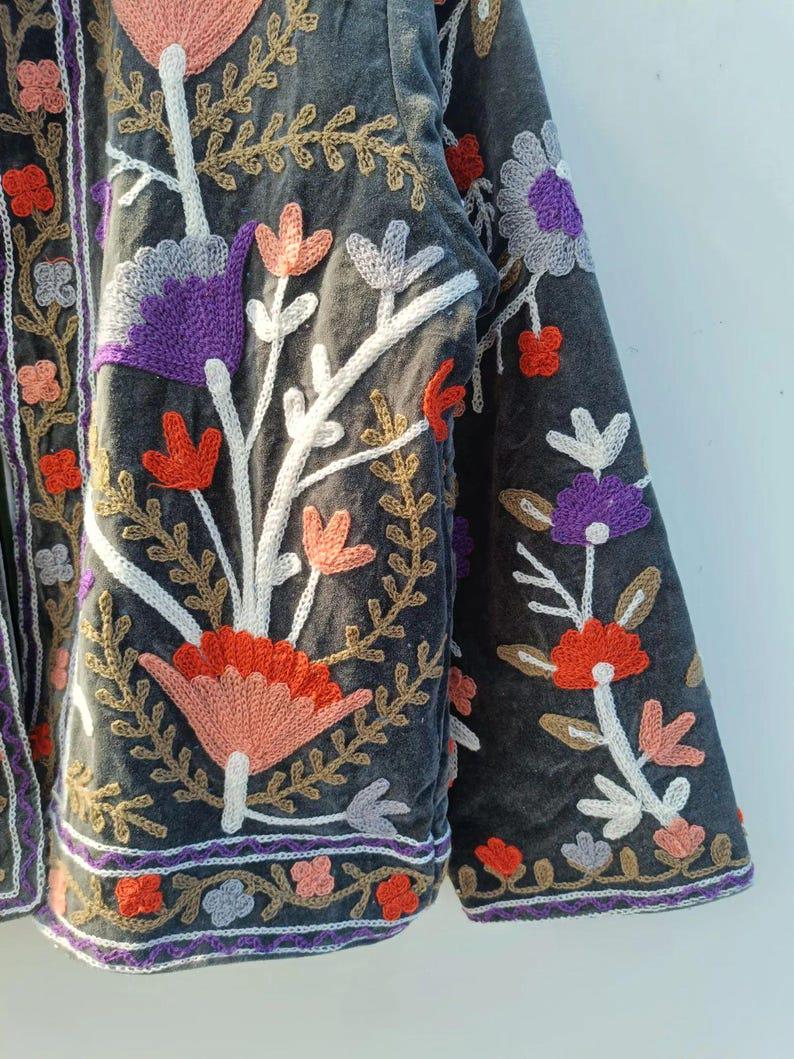 Floral Suzani Velvet Jacket, Vintage Embroidered Ethnic Chic Outerwear Bohozani