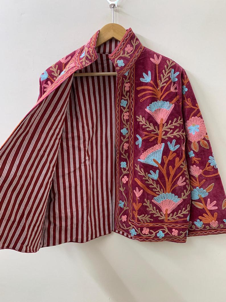Handmade Red Velvet Suzani Jacket | Embroidered Bohemian Cropped Coat Bohozani