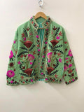 Embroidered Velvet Jacket, Green Floral Suzani Outerwear, Bohemian Style Coat Bohozani