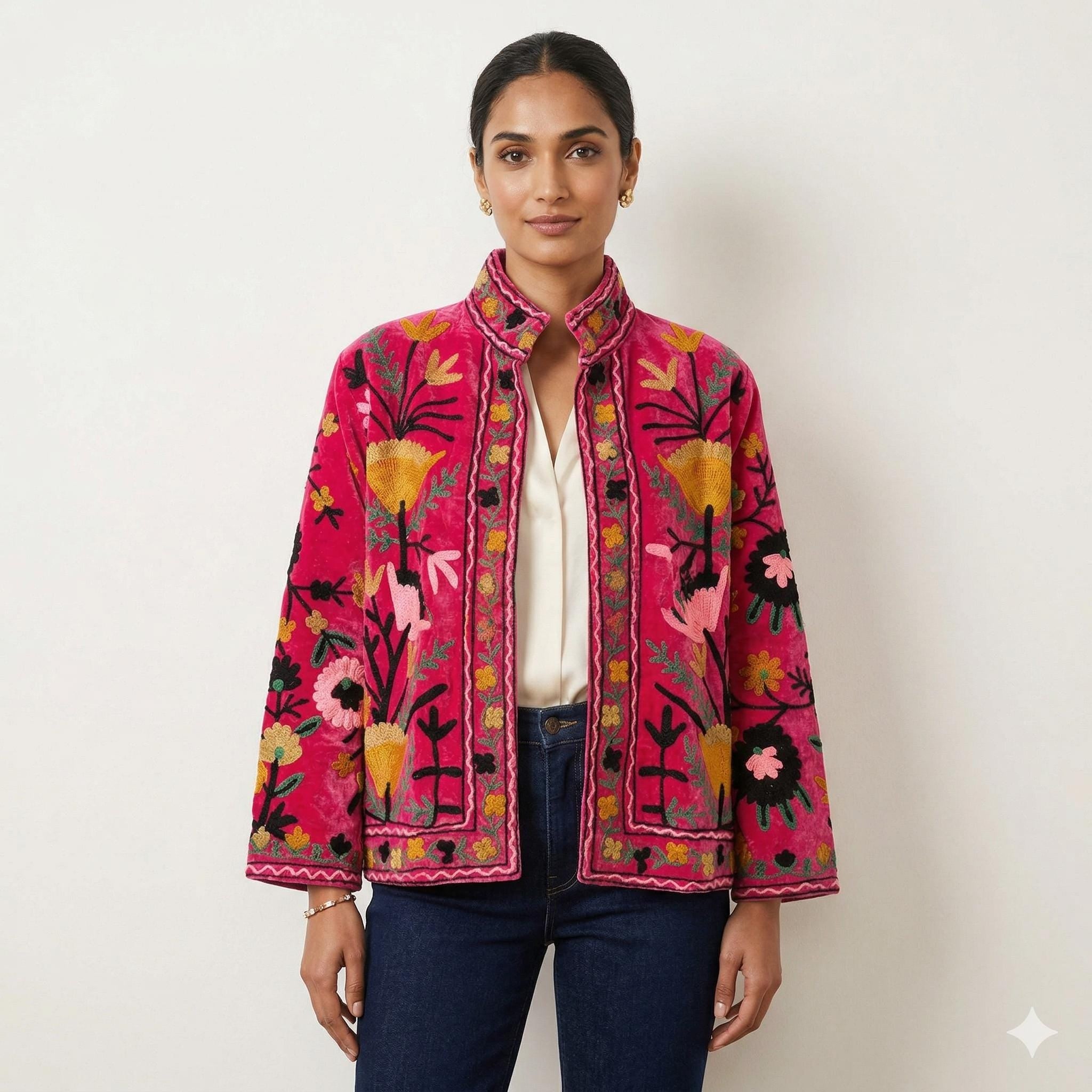 Handmade Floral Velvet Suzani Embroidered Jacket Bohozani
