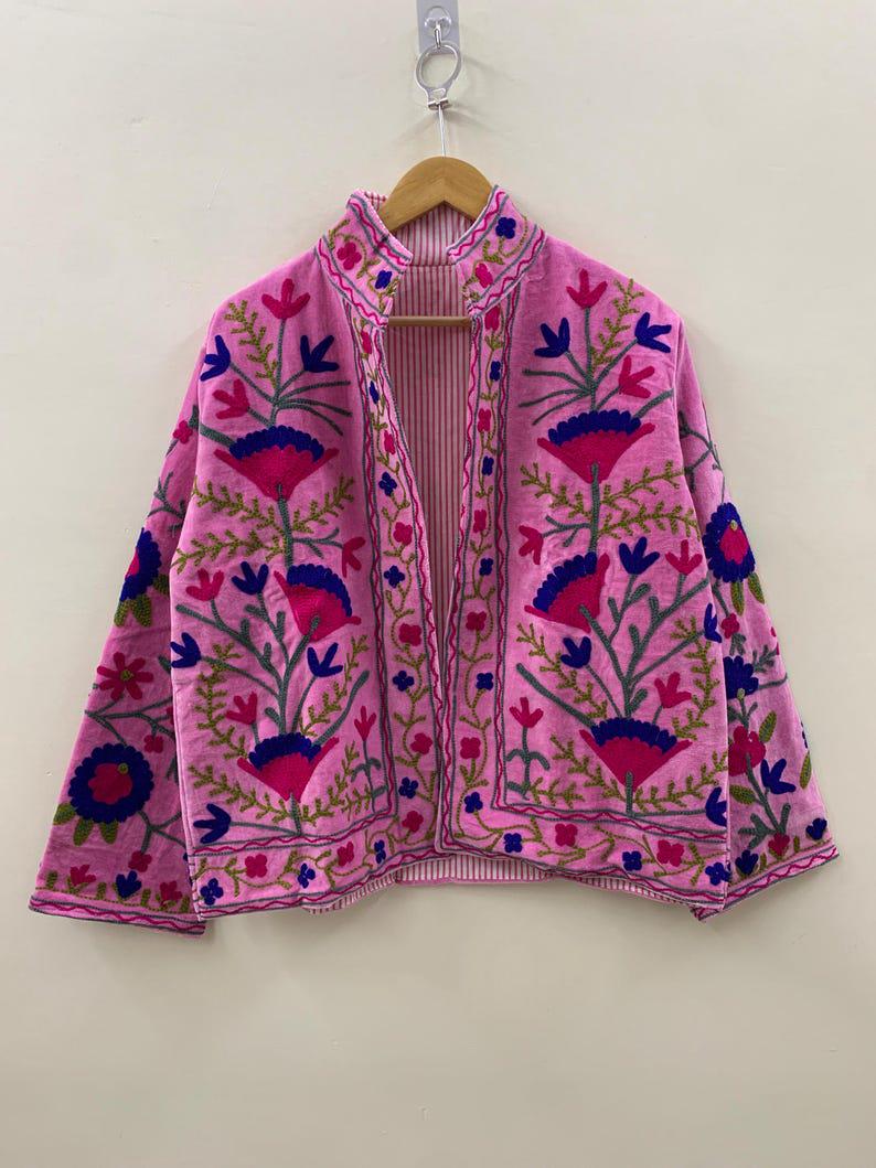 Unique Handmade Floral Pink Velvet Suzani Embroidered Jacket Bohozani