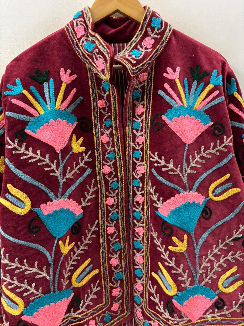 Handmade Wine Velvet Suzani Embroidered Jacket Bohozani