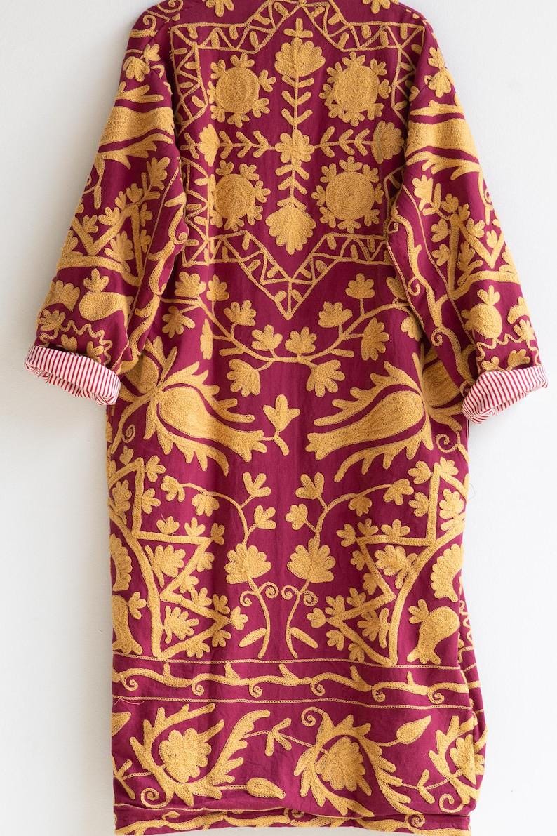 Hand Embroidered Suzani Kaftan – Organic Cotton Boho Kimono Coat Bohozani