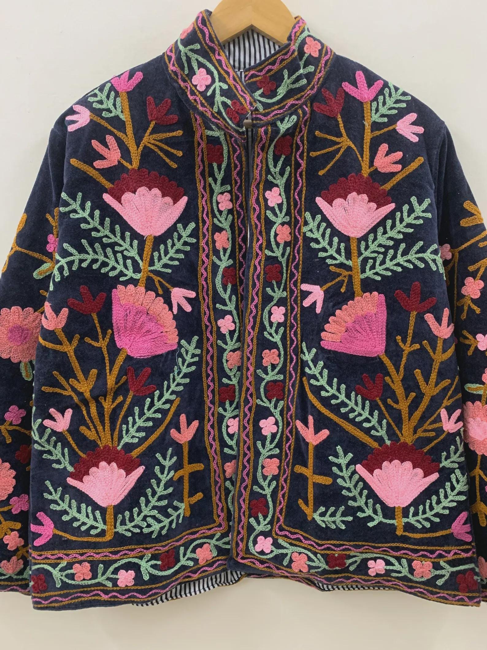 Suzani Embroidered Velvet Jacket | Short Bohemian Festival Coat, Ethnic Kimono Style Bohozani