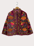 Red Velvet Suzani Embroidered Kimono Jacket | Boho Outerwear Bohozani