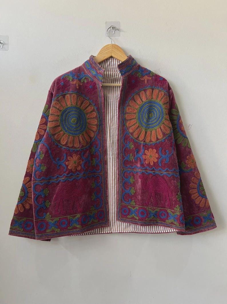 Multicolored Handmade Floral Velvet Suzani Embroidered Jacket Bohozani