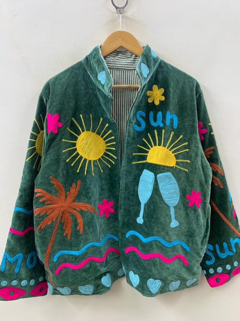 Unique Handmade Sun and Moon Velvet Suzani Embroidered Jacket Bohozani