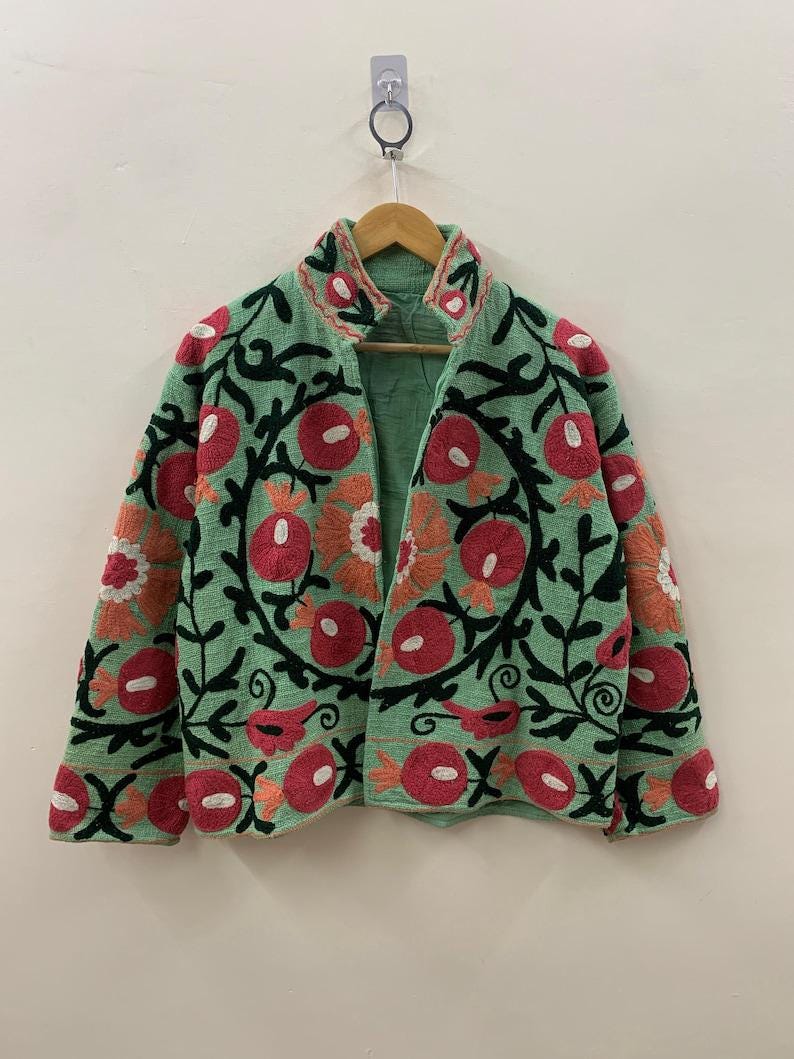 Green Suzani Embroidered Boho Jacket | Handcrafted Festival Coat, Upcycled Fabric Bohozani