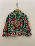 Green Suzani Embroidered Boho Jacket | Handcrafted Festival Coat, Upcycled Fabric Bohozani