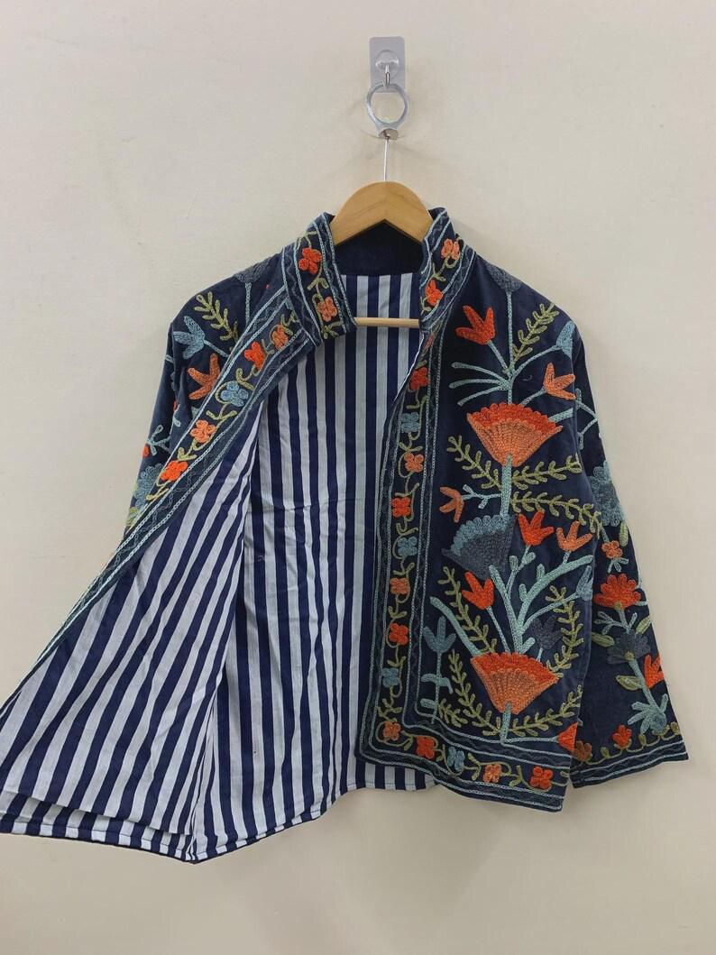 Bohemian Suzani Embroidered Velvet Jacket | Short Floral Kimono Coat Bohozani