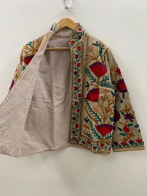 Beige Velvet Suzani Floral Embroidered Jacket | Boho Cropped Outerwear Bohozani