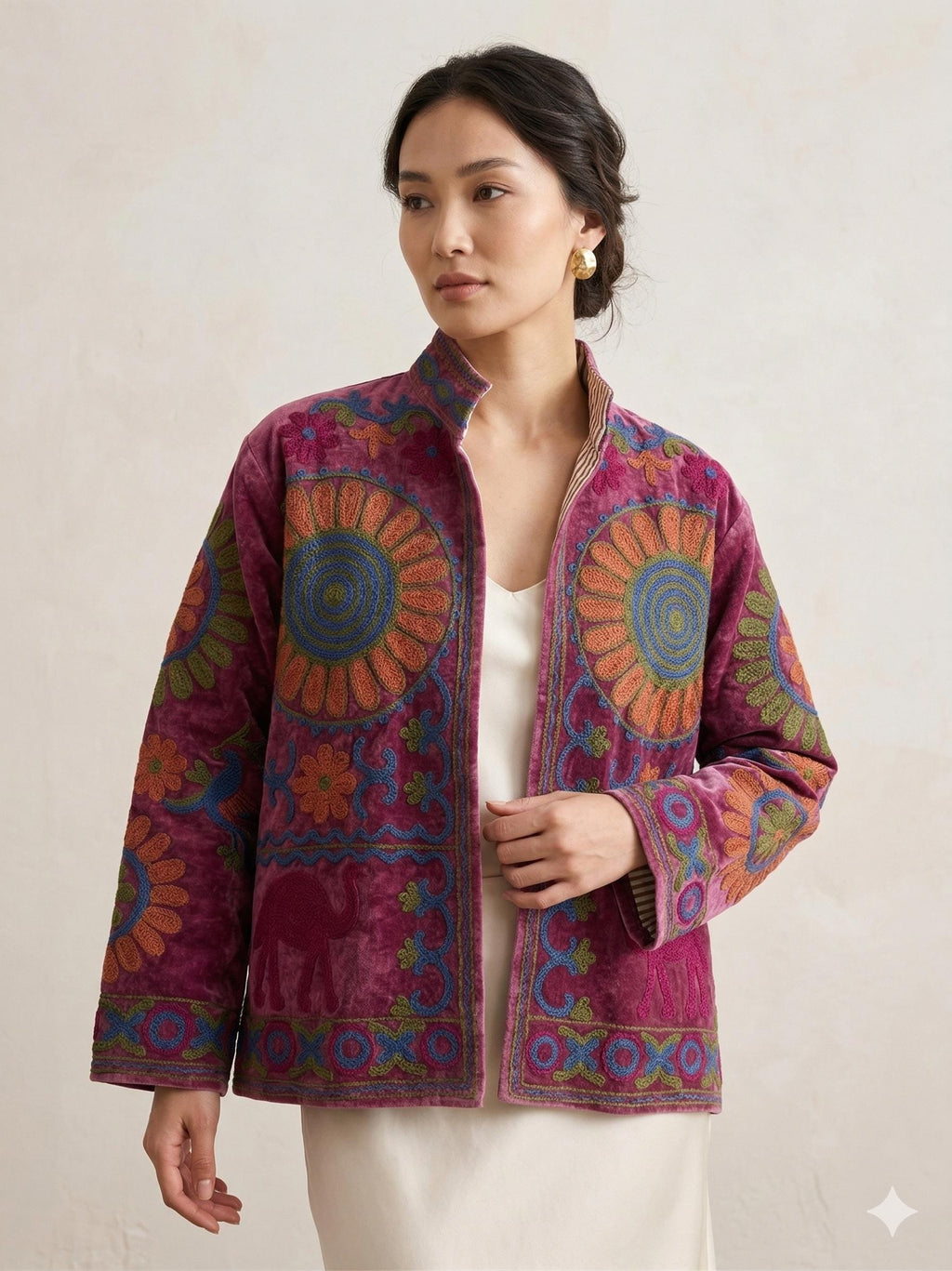 Multicolored Handmade Floral Velvet Suzani Embroidered Jacket Bohozani
