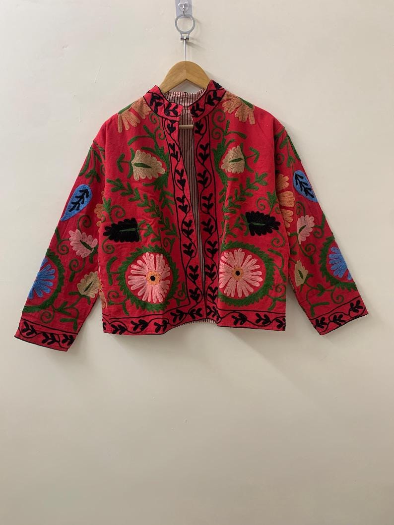 Red Suzani Embroidered Velvet Jacket – Boho Floral Kimono Coat Bohozani