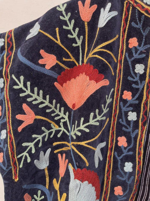 Black Velvet Suzani Embroidered Vest with Belt | Boho Festival Waistcoat Jacket Bohozani