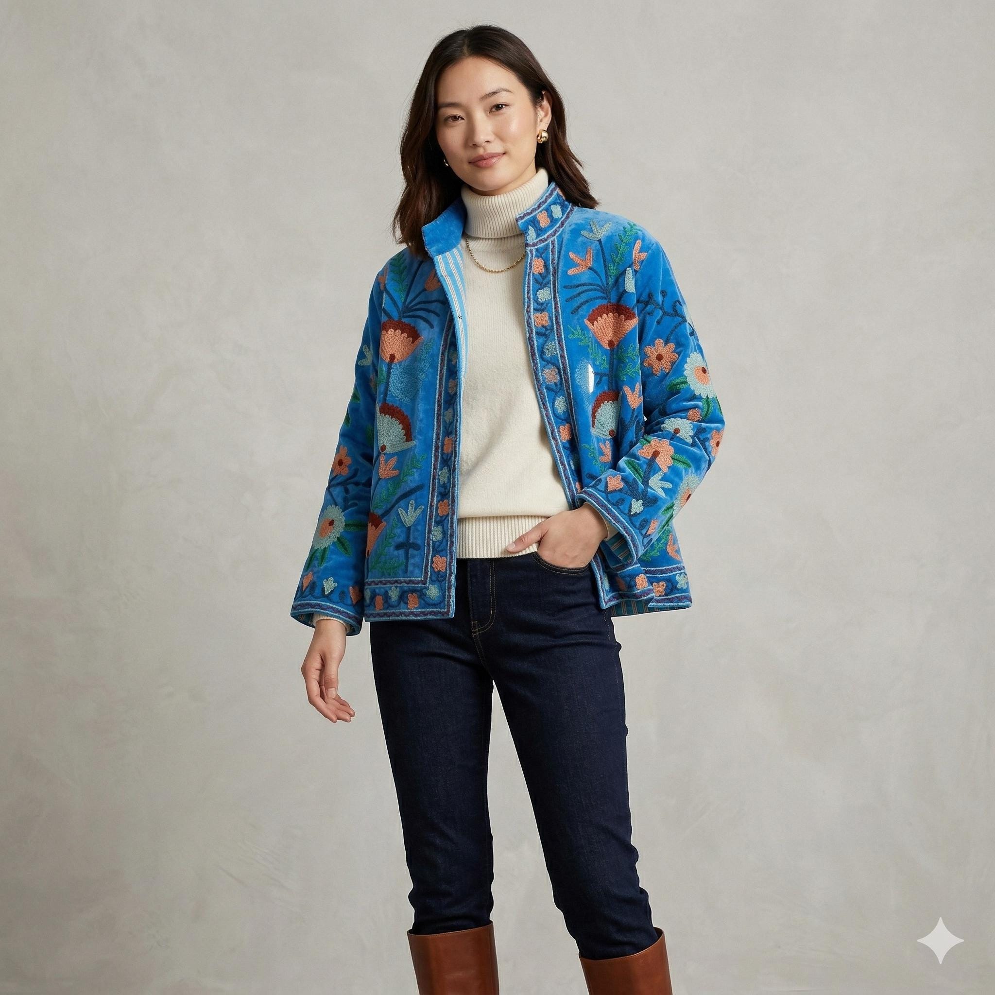 Hand-Embroidered Suzani Velvet Jacket | Cropped Floral Ethnic Outerwear Bohozani