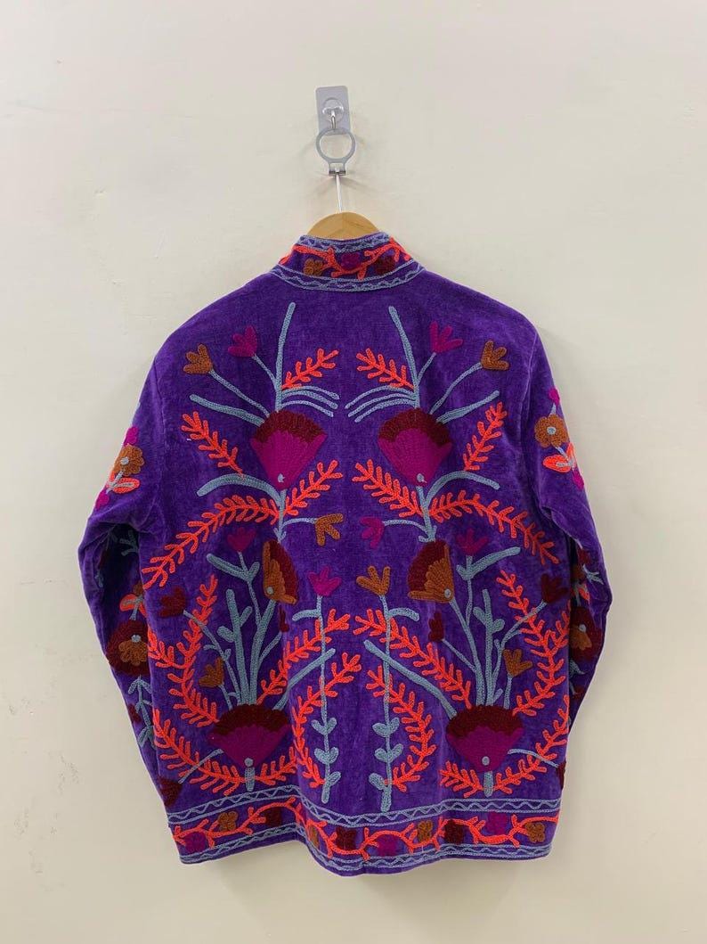Unique Purple Color Velvet Suzani Jacket – Hand-Embroidered Boho Ethnic Kimono Outerwear Bohozani