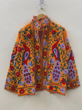 Orange Velvet Suzani Jacket | Hand-Embroidered Peacock Floral, Vintage Uzbek Style Bohozani