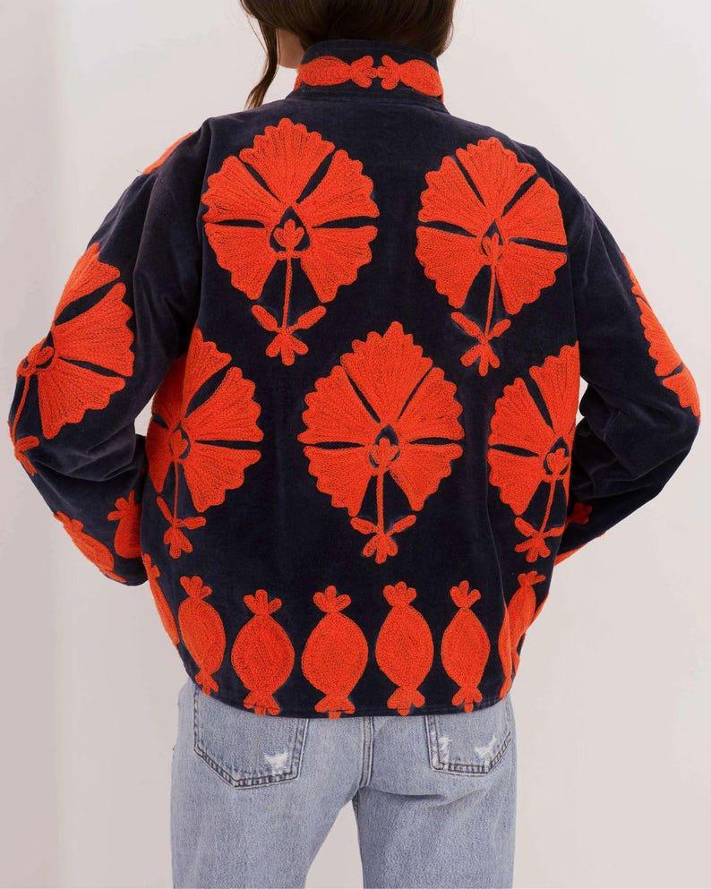 Navy Velvet Suzani Embroidered Kimono Jacket | Uzbek Artisan Boho Coat Bohozani