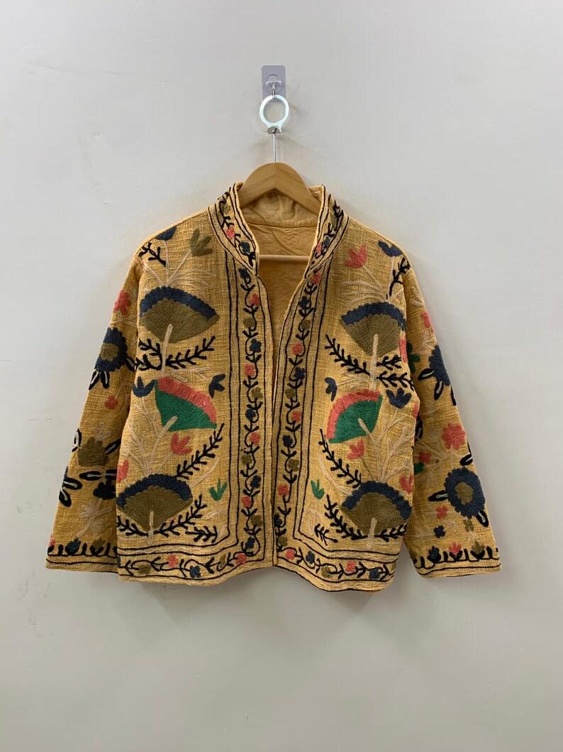 Yellow Embroidered Suzani Jacket, Floral Boho TNT Cotton Blend Coat, Gift For Her Bohozani