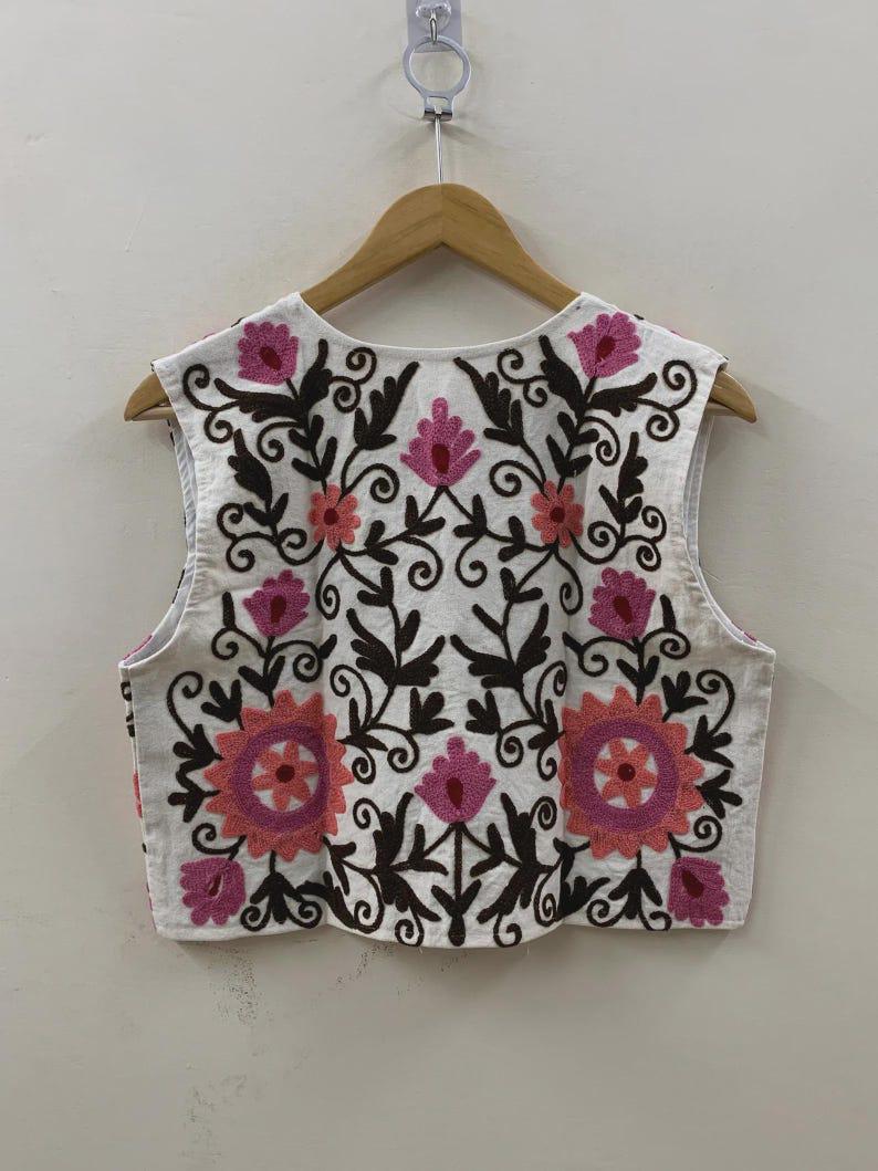 Hand-Embroidered Suzani Velvet Vest: Boho Floral Waistcoat, Cotton Lined Jacket Bohozani
