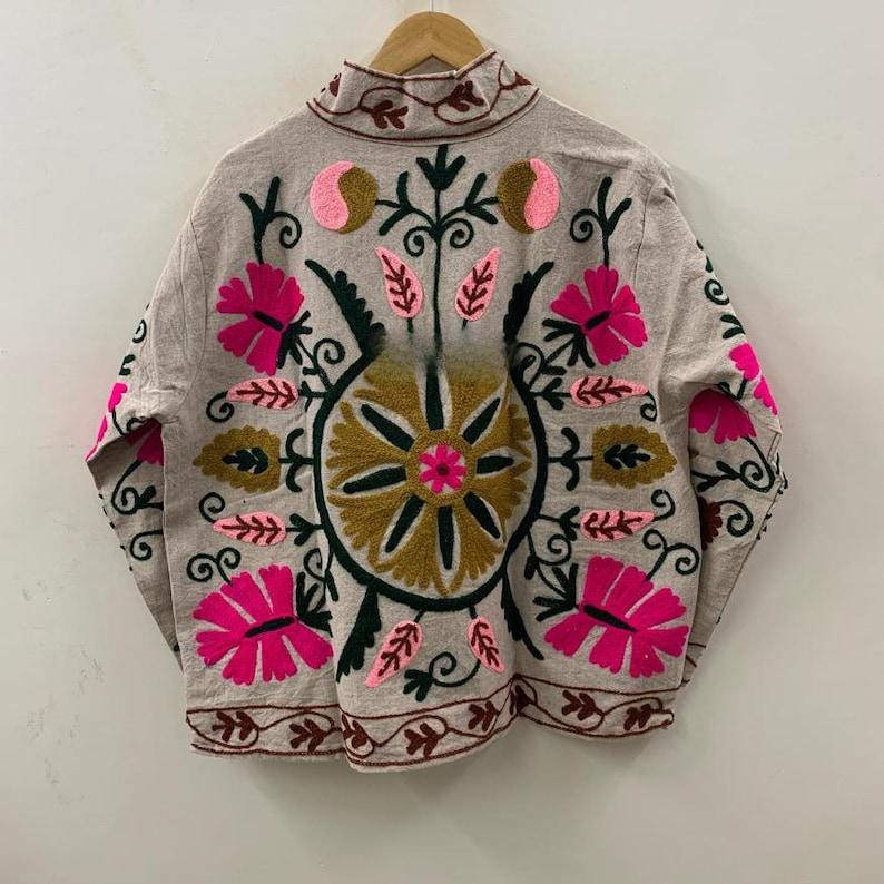 Hand-Embroidered Velvet Suzani Jacket, Floral Boho Cropped Coat Bohozani