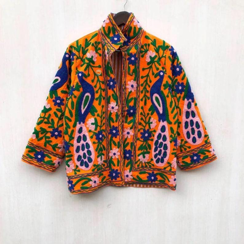 Velvet Suzani Jacket | Peacock Floral Ethnic Outerwear, Uzbek Vintage Style, Festival Wear Bohozani