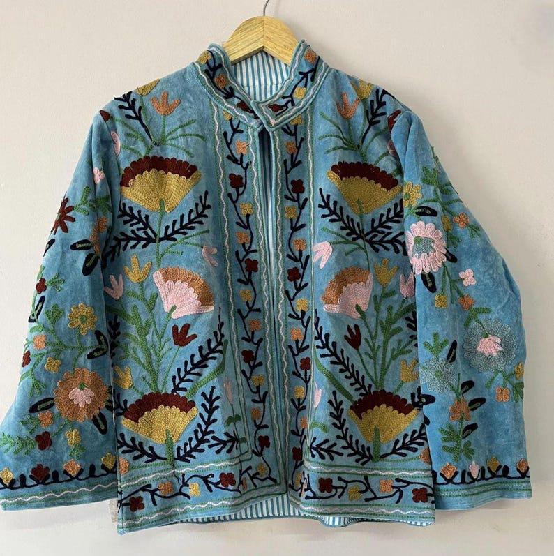 Boho Suzani Jacket – Floral Embroidery Coat, Vintage Textile Jacket, Artisan Handmade Outerwear Bohozani