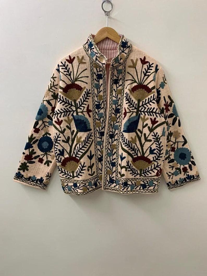 Embroidered Cotton Velvet Suzani Jacket | Boho Floral Ethnic Coat Bohozani
