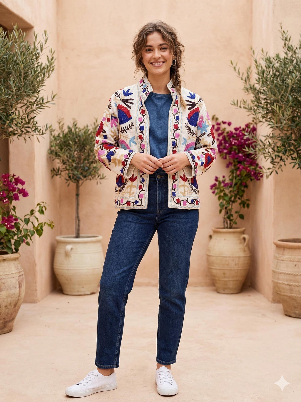 Velvet Suzani Jacket: Embroidered Floral Design, Silk Lined Bohozani