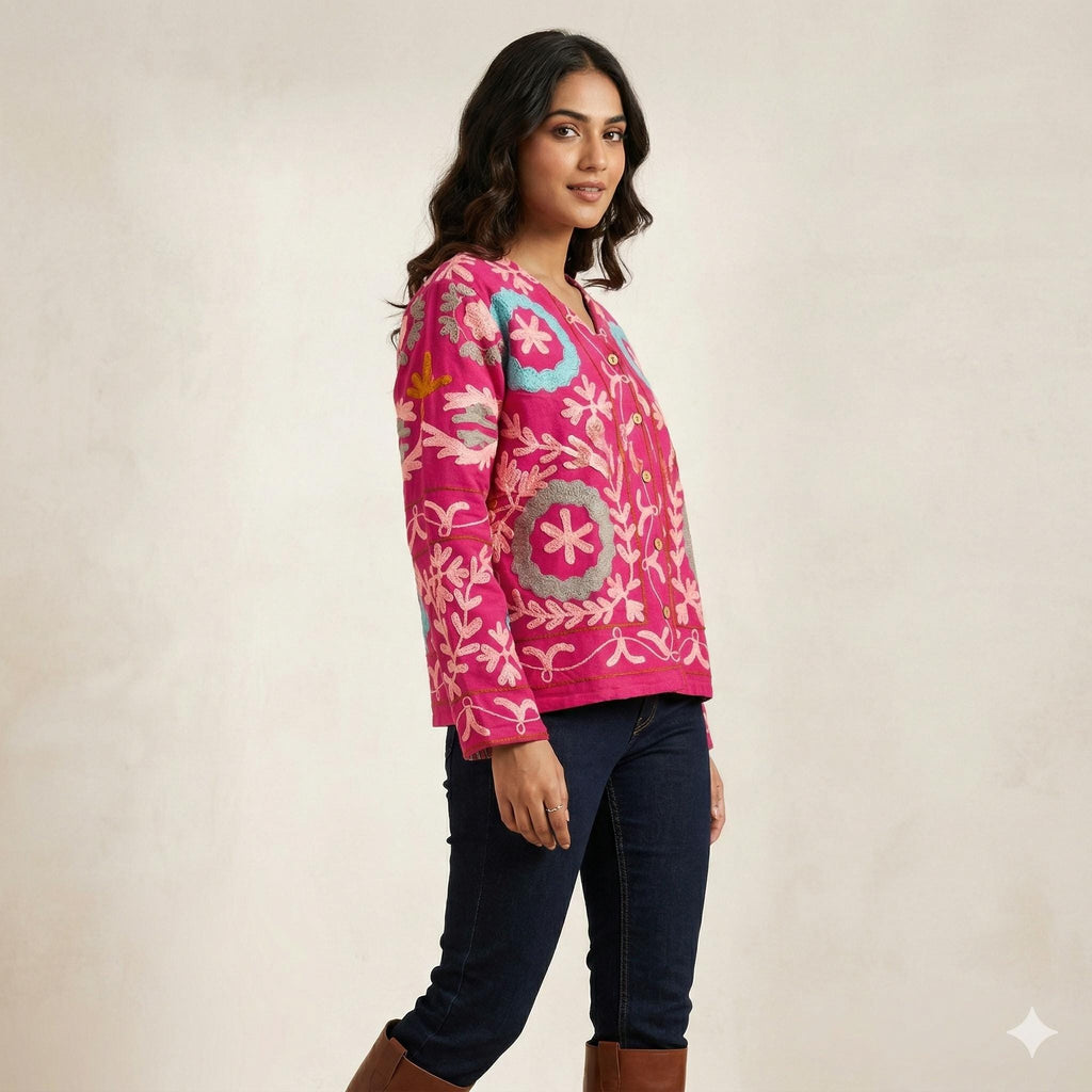 Pink Handmade Floral Red Velvet Suzani Embroidered Jacket Bohozani